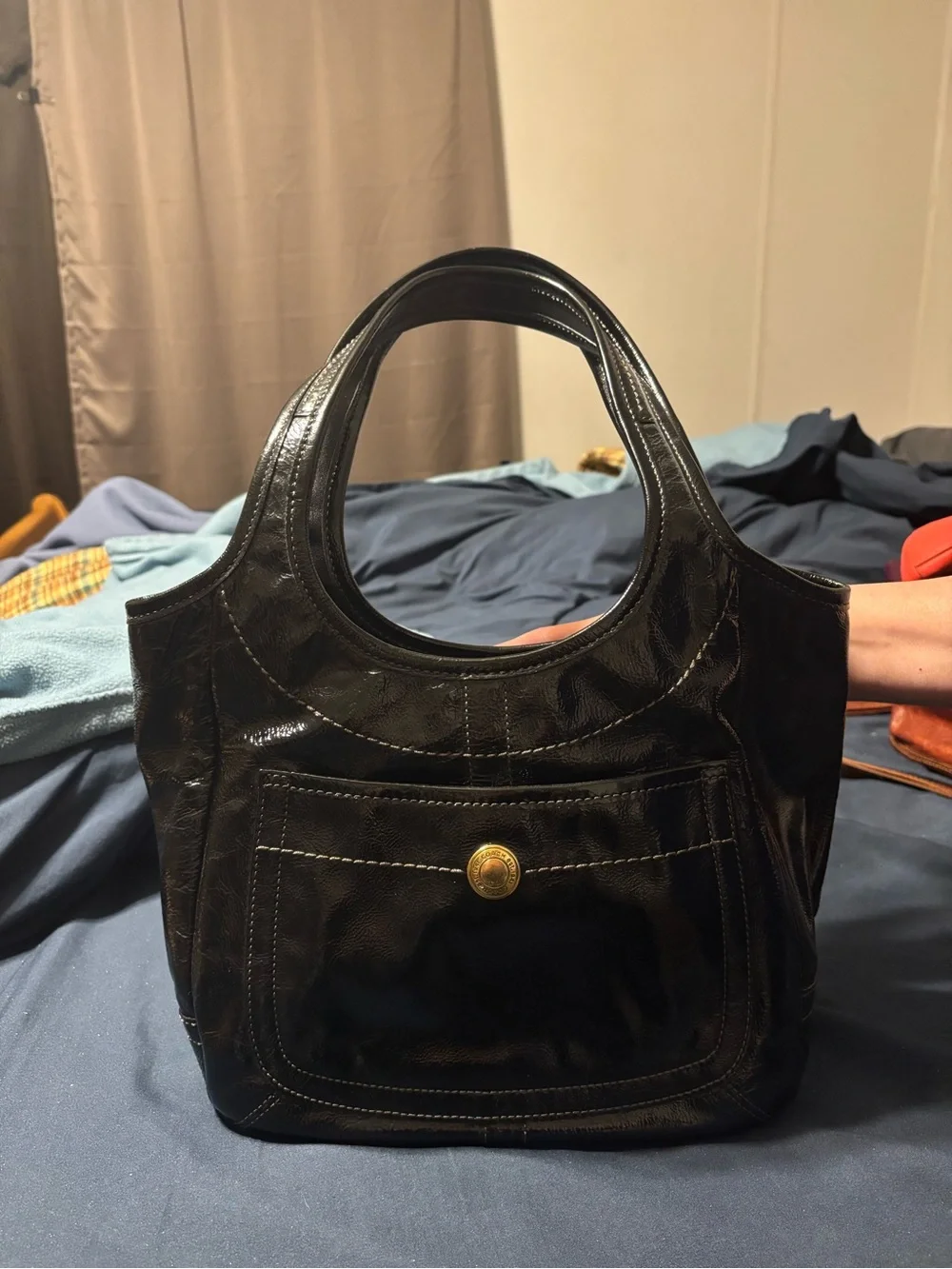 Coach Black Leather Tote with Multicolor Striped Lining